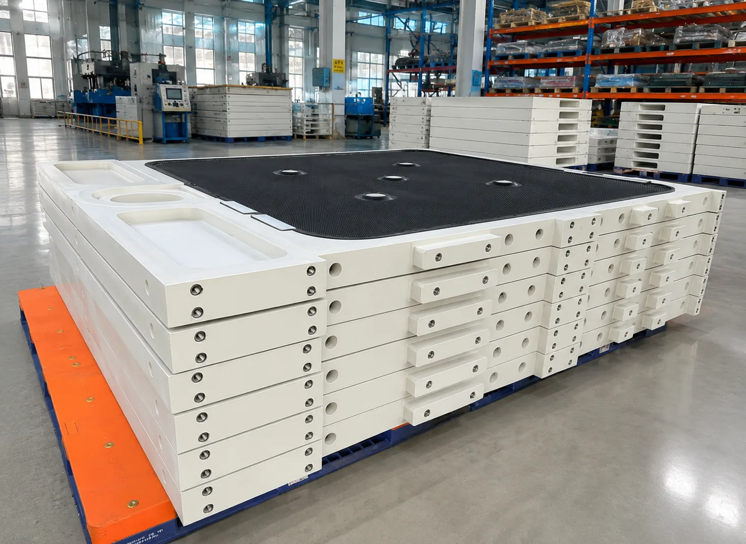 Finished FFP2512 rubber membrane filter plates stacked in DOFIL workshop