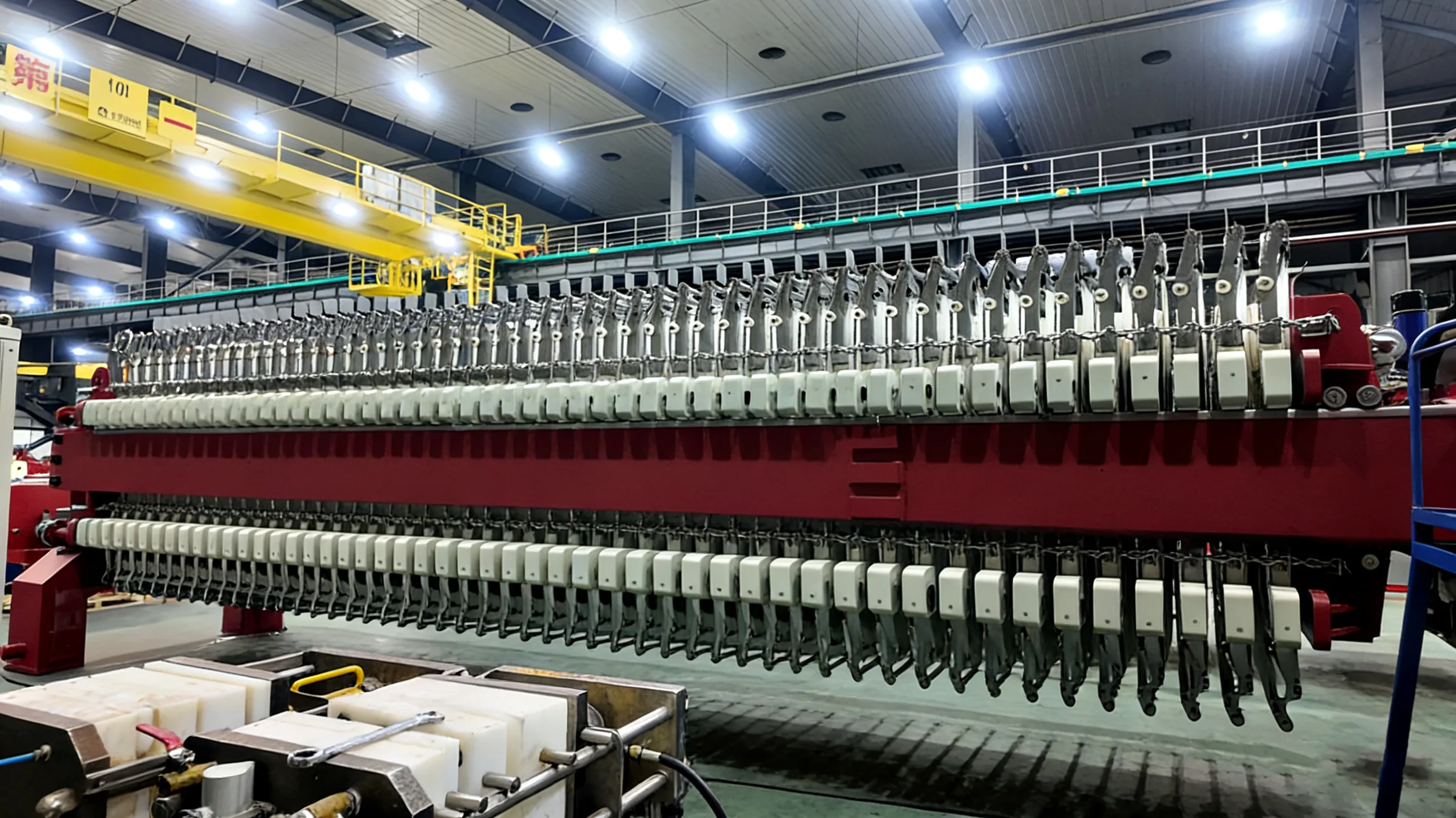 Full machine view of filter cloth walking press in workshop