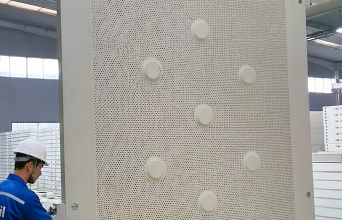 Large white filter plate checked in workshop