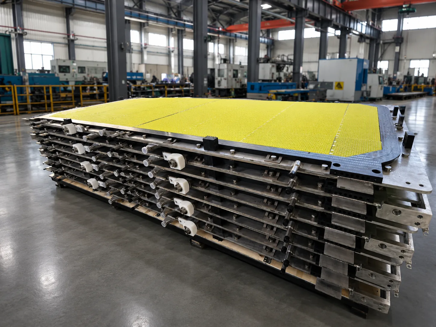 Tower press filter plate pack prepared in workshop